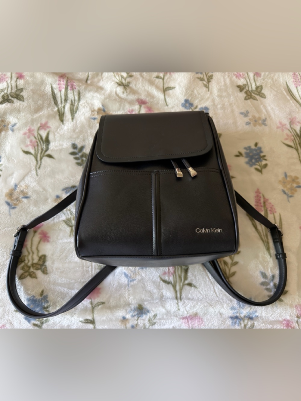 Calvin Klein Black Leather Mini Backpack with Front Flap Pocket